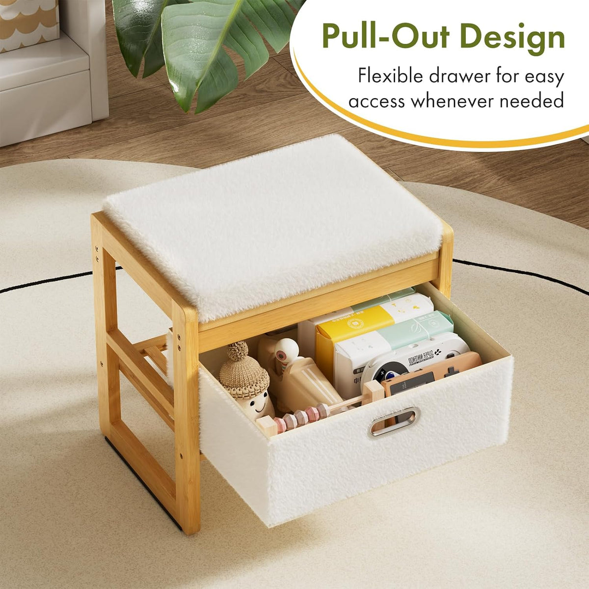 Storage Ottoman, Bamboo Footstool with Drawer, 3-in-1 Soft Ottoman with Storage, Multifunctional Footrest, Seat & Organizer for Living Room, Bedroom, Entryway Gift Set for Family