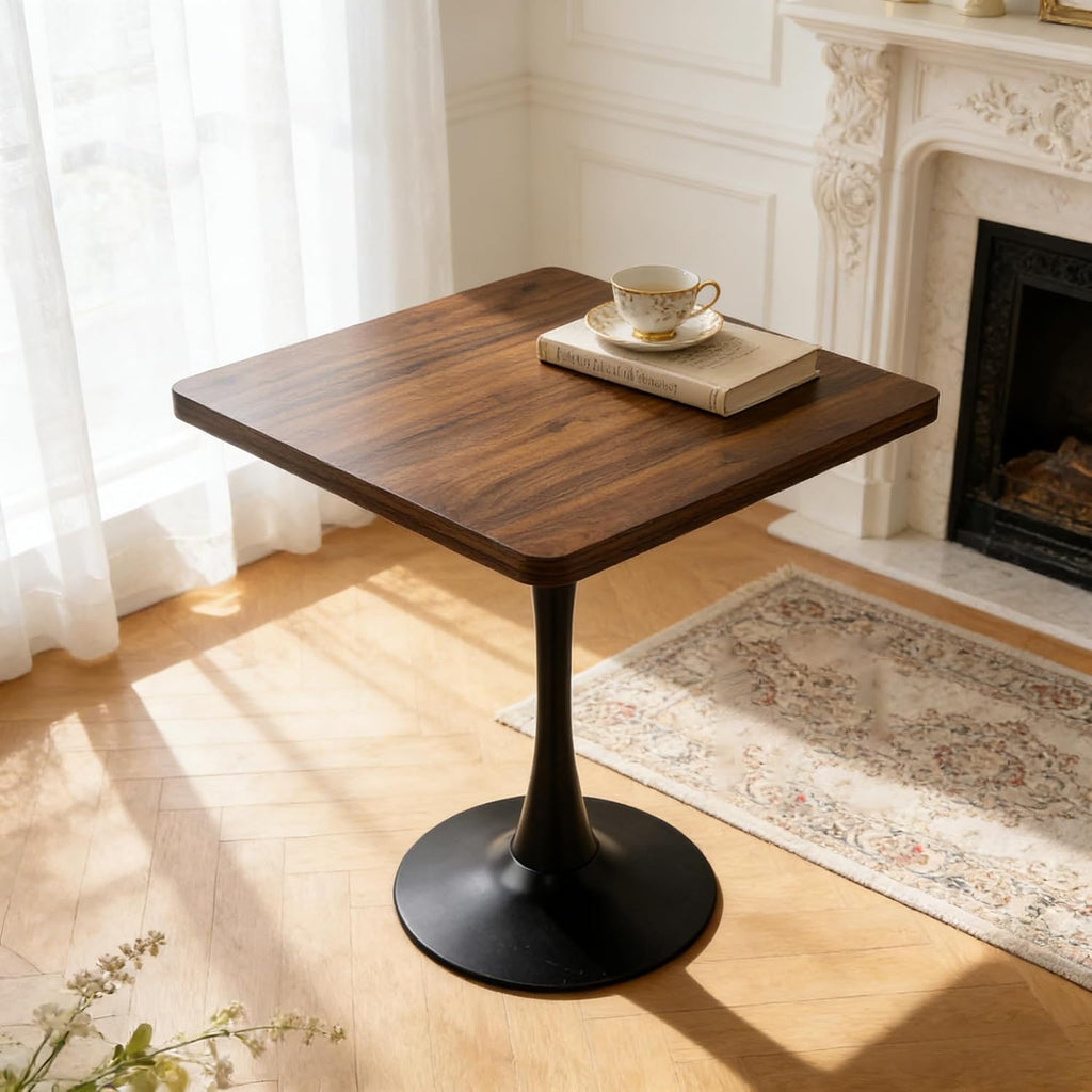 27.6" Tulip Table for 2-3 Persons Walnut Modern Square Dining Tables Mid-Century Leisure Table Thickened Wooden MDF Top Black Metal Base, for Living Room Kitchen (Walnut,27.6")
