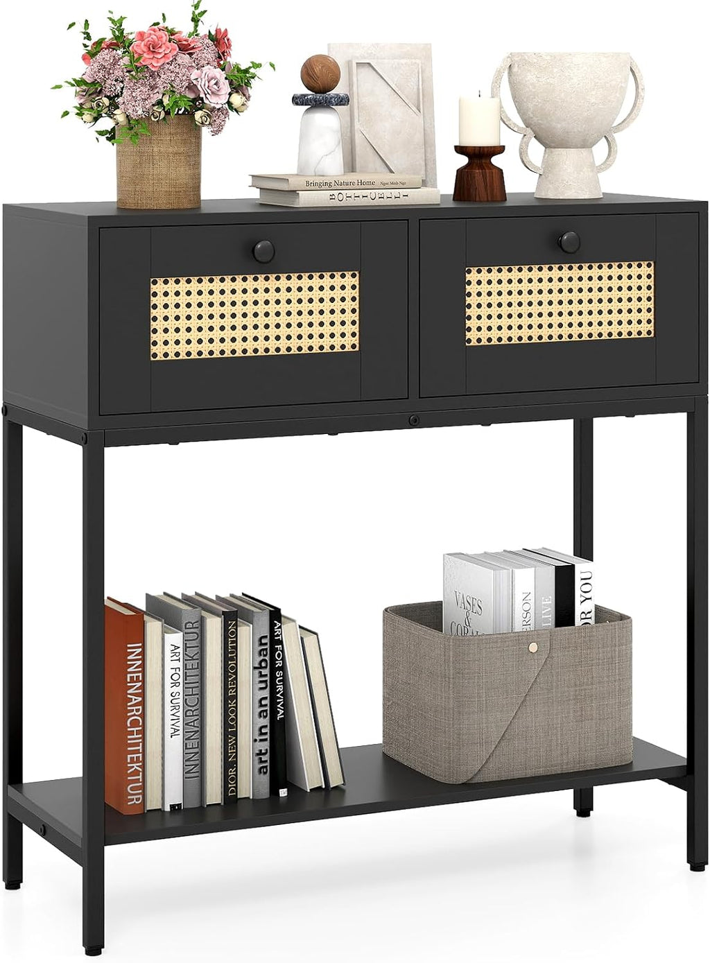 GOFLAME Rattan Console Table, Boho Entryway Table with 2 Drawers & Open Storage Shelf, Narrow Long Sofa Table with Metal Legs, Foyer Table Behind Couch Table for Living Room, Hallway, Black