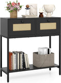 GOFLAME Rattan Console Table, Boho Entryway Table with 2 Drawers & Open Storage Shelf, Narrow Long Sofa Table with Metal Legs, Foyer Table Behind Couch Table for Living Room, Hallway, Black