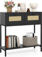 GOFLAME Rattan Console Table, Boho Entryway Table with 2 Drawers & Open Storage Shelf, Narrow Long Sofa Table with Metal Legs, Foyer Table Behind Couch Table for Living Room, Hallway, Black
