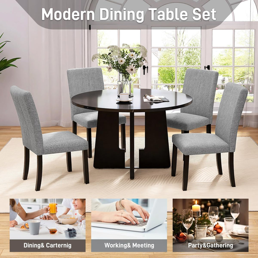 5-Piece Round Dining Table Set, 43-Inch Modern Dining Table and 4 Upholstered Chairs for Dining Room, Kitchen Room, Living Room (Grey Chairs and Black Table)