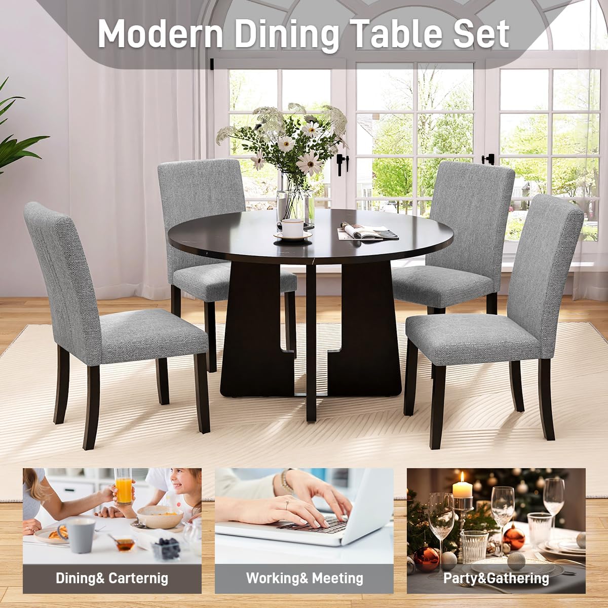 5-Piece Round Dining Table Set, 43-Inch Modern Dining Table and 4 Upholstered Chairs for Dining Room, Kitchen Room, Living Room (Grey Chairs and Black Table)
