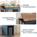Drafting Table with Storage Cabinet & Drawers, Adjustable Drawing Table with Open Shelves, Craft Art Desk for Artists, Painters, Drawing, Crafting, Reading, Writing, Working (Blue)