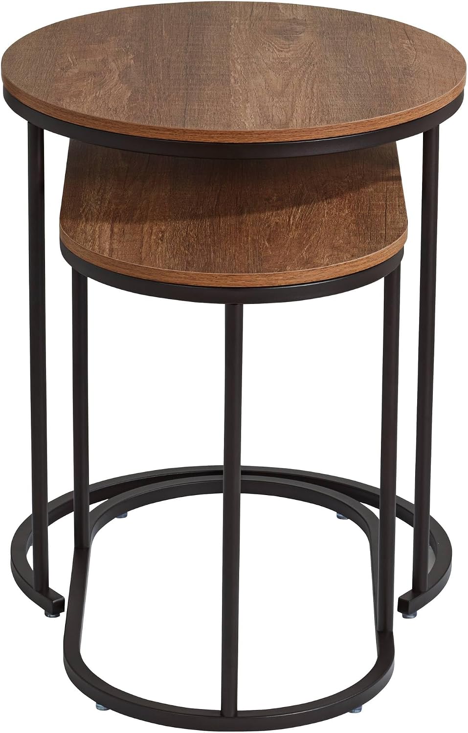 Studio 55D Santa Maria Modern Industrial Set of 2 Small Walnut Round Circle Oval Nesting Wood Black Metal Frame Accent Coffee Couch Side End Tables Living Room Decor Furniture Bedroom Home Office