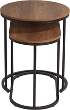 Studio 55D Santa Maria Modern Industrial Set of 2 Small Walnut Round Circle Oval Nesting Wood Black Metal Frame Accent Coffee Couch Side End Tables Living Room Decor Furniture Bedroom Home Office