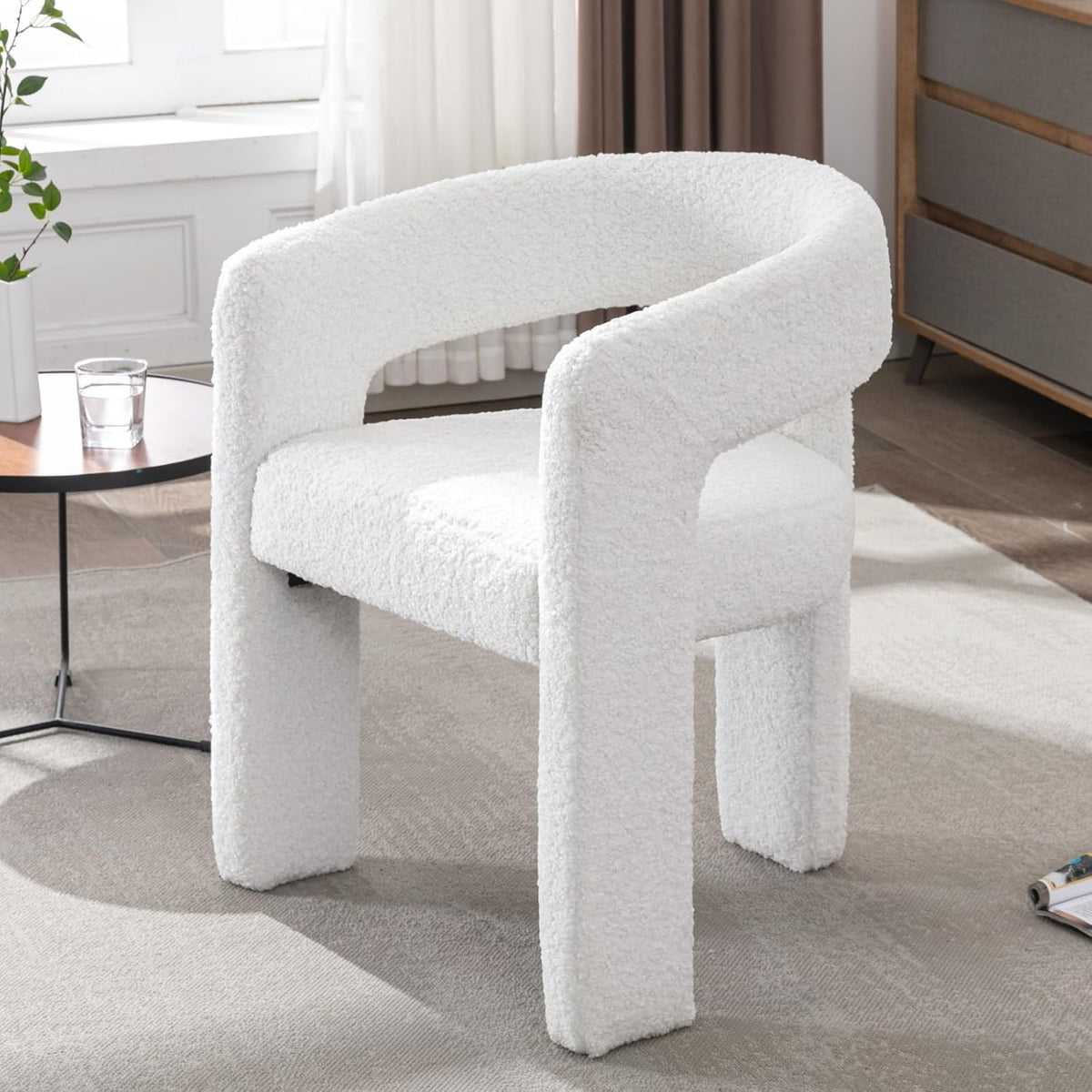 HNY Modern Barrel Kitchen & Dining Room Chair, Sherpa Upholstered Accent Chair with Arm, 18.5'' Wide Side Armchairs Vanity Chairs for Living Room Bedroom Makeup Small Spaces, White