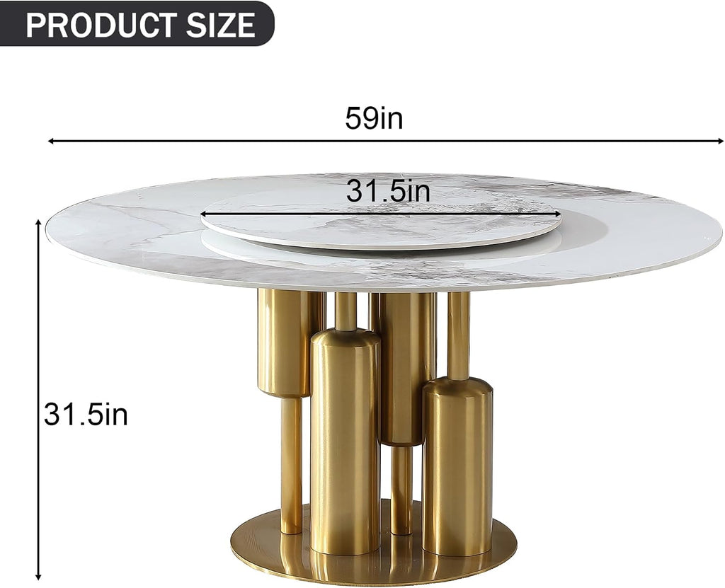 59" D Round Dining Table with 31.5" Detachable Lazy Susan, Modern Sintered Stone Dining Table for 8 Seat, Artificial Marble Dining Room Table Kitchen Table with Stainless Steel Base for Home