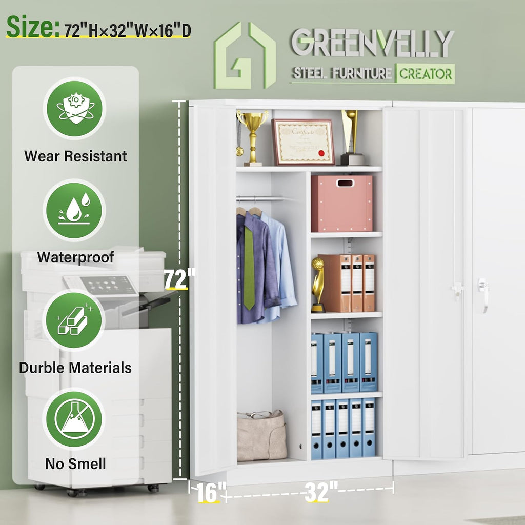 Greenvelly Metal Wardrobe Closet with Doors and Shelves,72" Armoire Wardrobe Closet for Hanging Clothes for Office, Bedroom, Laundry Room, School, Employee,Gym(White)