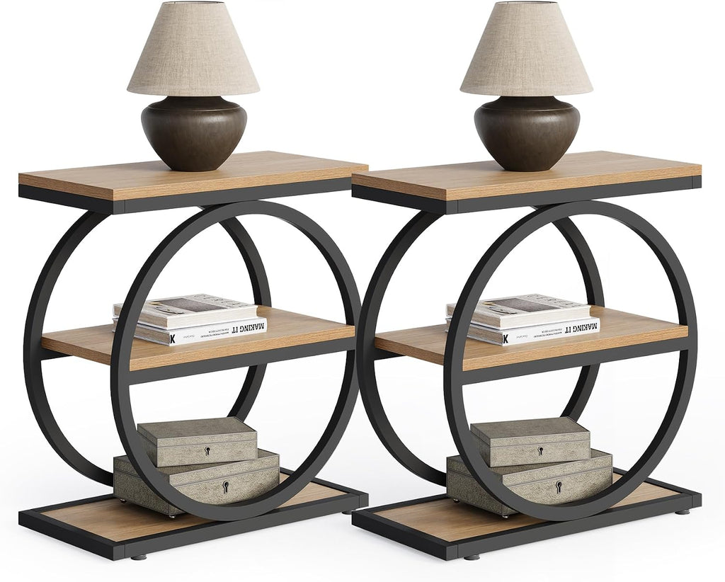 LITTLE TREE 3-Tier End Table, Side Table with Storage Shelves, Small Sofa Side Table for Living Room, Wooden Side End Table with Double Round Metal Legs, Slim Nightstand and Bedside Table, Oak
