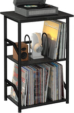 LOAKEKEL Record Player Stand, Large Vinyl Record Storage Up to 200 Albums | 3 Tier End Table with Removable Dividers, Turntable Stand for Player, Tall Side Table for Living Room, Bedroom, Black