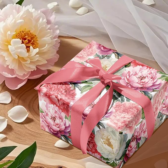 WRAPAHOLIC Floral Wrapping Paper Roll - Mini Roll - 17 Inch x 33 Feet - Red Pink Flower Wrapping Paper Perfect for Girls Women Birthday, Wedding, Bridal Shower