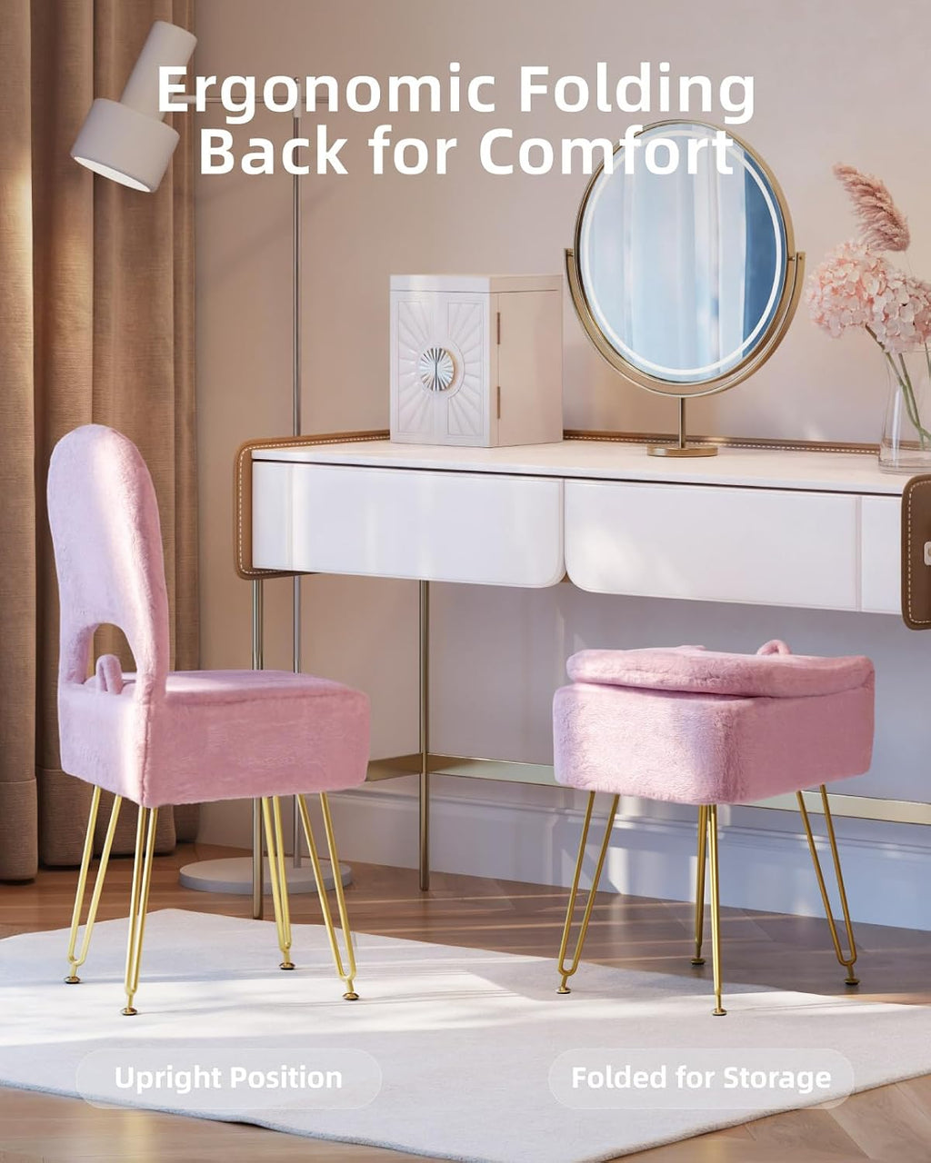 Pink Vanity Chair with Storage and Back for Teens - Faux Fur Makeup Vanity Stool, Foldable Ottoman Seat with Anti-Slip Metal Legs for Girls Bedroom, Dorm, Entryway, Living Room