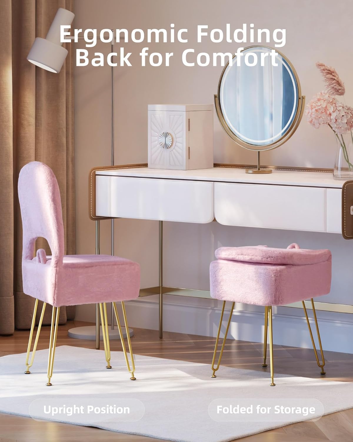 Pink Vanity Chair with Storage and Back for Teens - Faux Fur Makeup Vanity Stool, Foldable Ottoman Seat with Anti-Slip Metal Legs for Girls Bedroom, Dorm, Entryway, Living Room