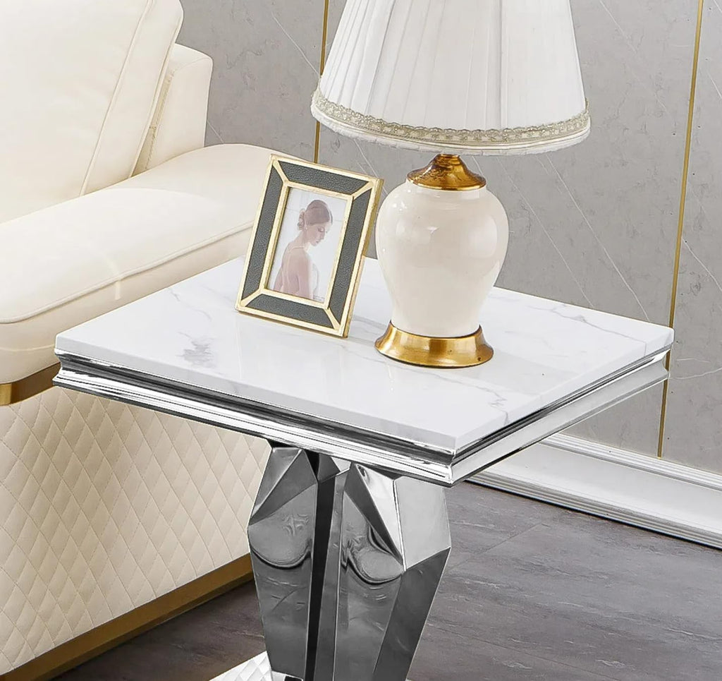 Modern Marble End Table, Sqaure Sofa Side Table with Silver Mirrored Stainless Steel Base Luxury White Faux Marble Accent End Table Bedside Table Nightstand for Living Room Bedroom