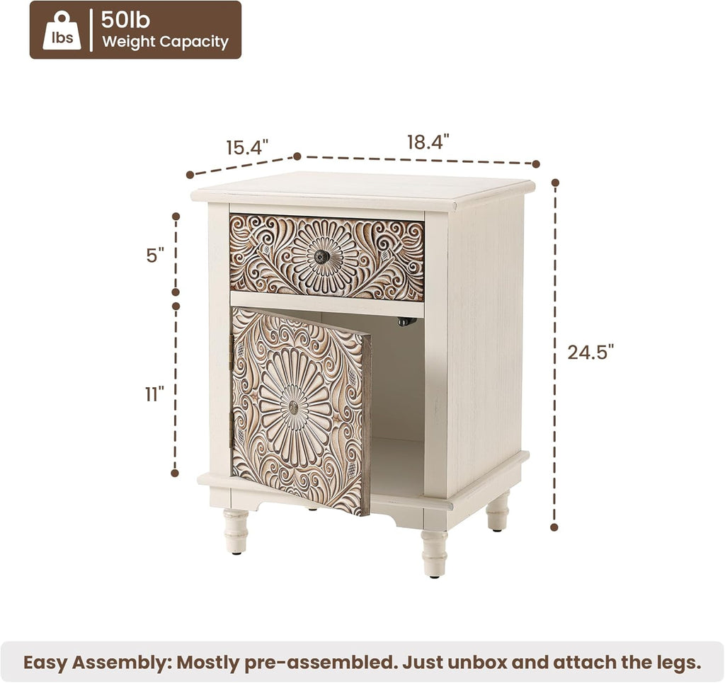 HOMPUS Night Stand Set 2, Vintage Nightstand with Storage, White Nightstand with Flower Pattern, Accent End Table, Bedside Table for Farmhouse, Bedroom, Light Grey Grain