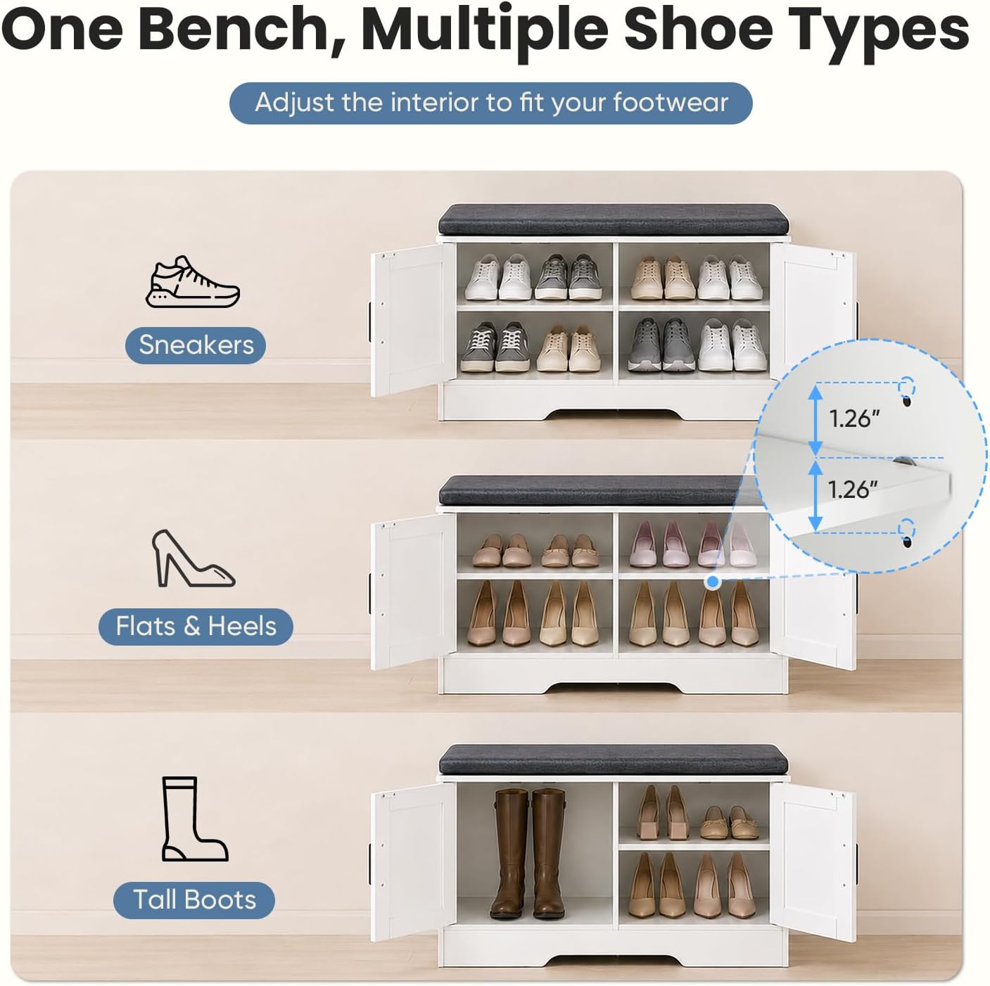 NEWBULIG Shoe Storage Bench for Entryway with Cushion, 27.6IN, White | Shoe Organizer Cabinet with Padded Cushion and Doors, Adjustable Shelves, Shoes Bench for Hallway, Mudroom, Bedroom