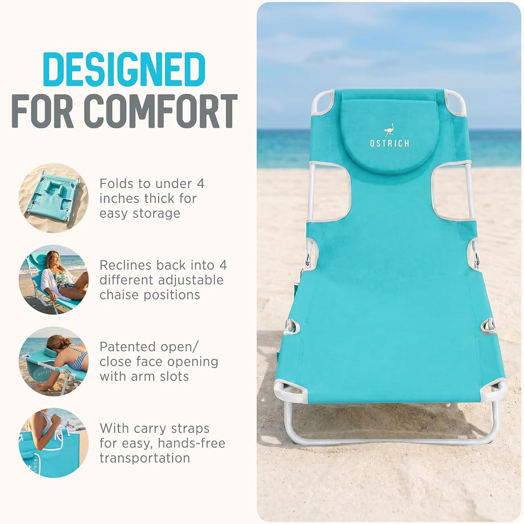 Ostrich The Original Chaise Lounge 72"x22" Portable Reclining Lounger, Aqua | Outdoor Relaxing Pool Tanning Chair, Lightweight Beach Recliner with Adjustable Backrest and Carry Strap, 250 lb Capacity