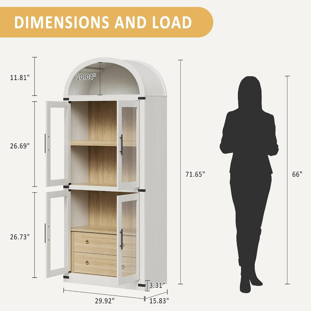 IDEALHOUSE Arched Kitchen Pantry Cabinet,71'' Wood Storage Cabinets Bookcase,Farmhouse Storage Display Cabinet with Glass Doors,2 Large Drawers,Versatile Cupboard for Living Room,Dining Room(White)