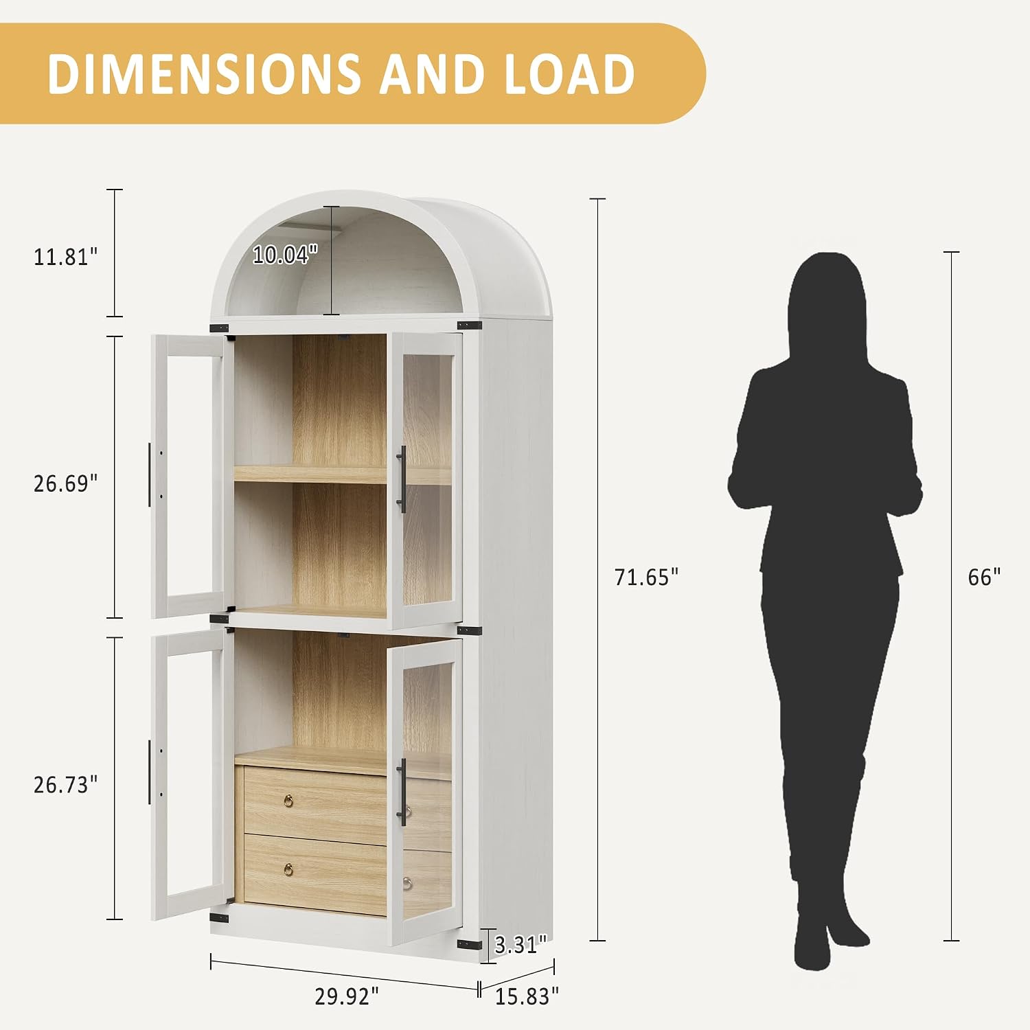 IDEALHOUSE Arched Kitchen Pantry Cabinet,71'' Wood Storage Cabinets Bookcase,Farmhouse Storage Display Cabinet with Glass Doors,2 Large Drawers,Versatile Cupboard for Living Room,Dining Room(White)