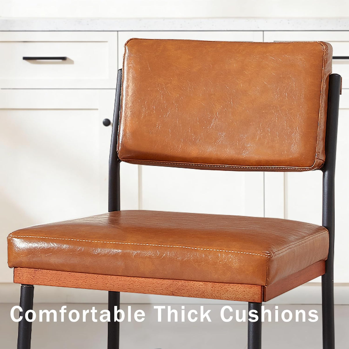 Modern Dining Chairs Set of 2, Kitchen Chairs with Thick Cushions and Adjustable Foot Pads, Upholstered Faux Leather Dining Room Chairs with Sturdy Metal Legs,Brown