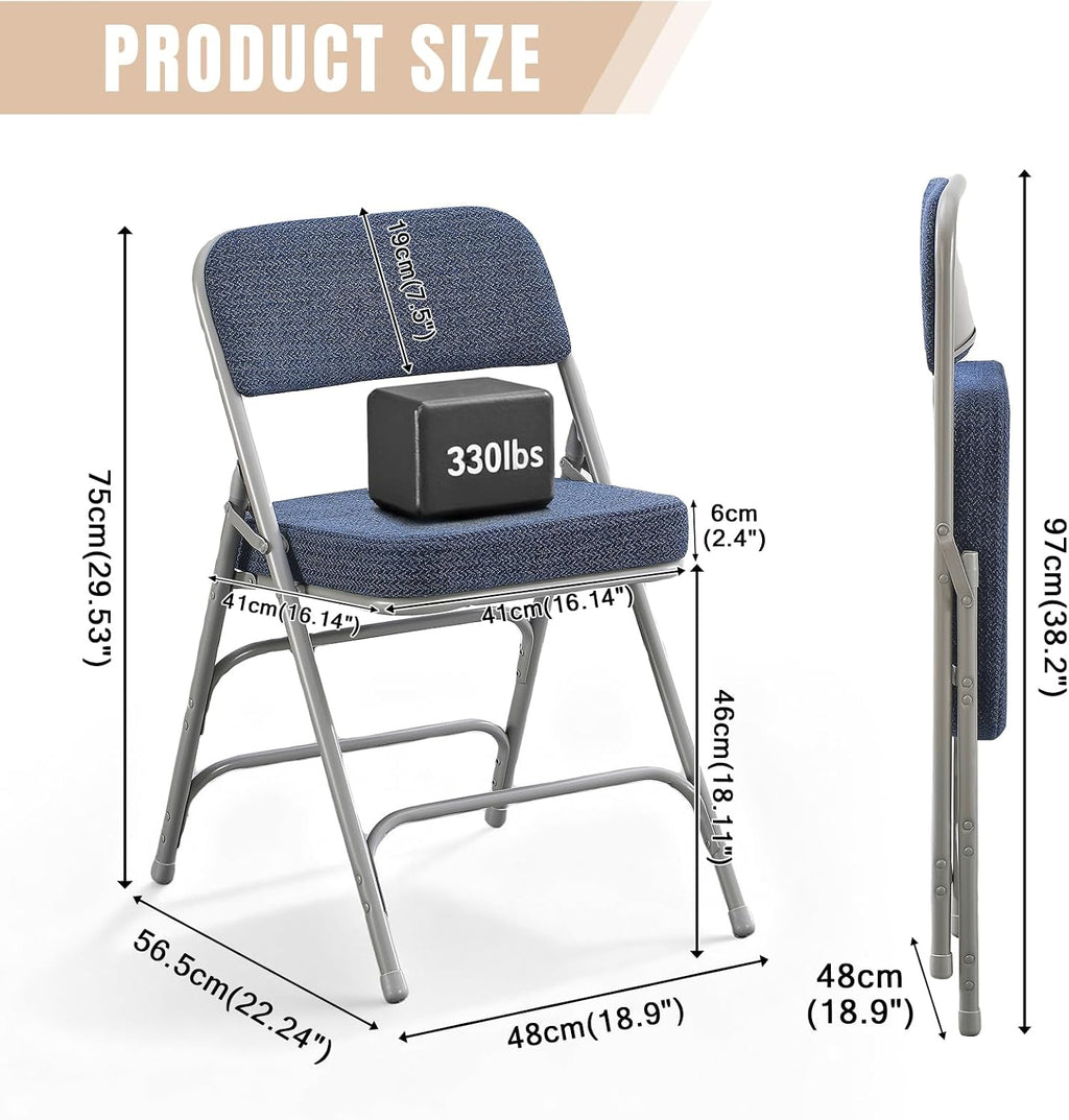 Folding Chair with Thick Cushioned Seat, Padded Metal Frame Foldable Chairs for Home Office Party Wedding Indoor Outdoor Use, Heavy Duty Comfortable Portable Dining Chairs, 1 Pack, Blue