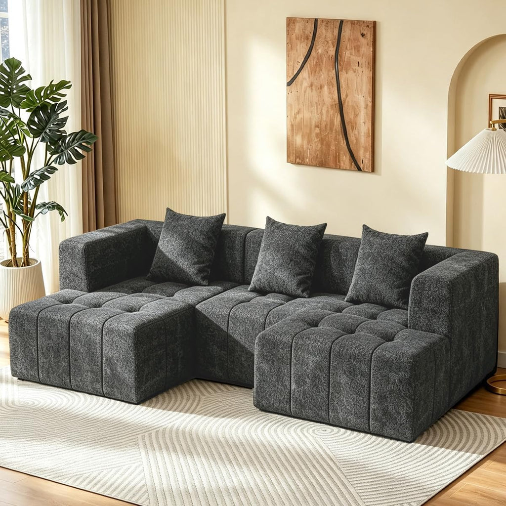Modular Sectional Sofa with Deep Seat, Cloud Couch with 2 Movable Ottoman, No Assembly Required, Modern Plush Corduroy Cloud Couches for Living Room & Apartment, Grey