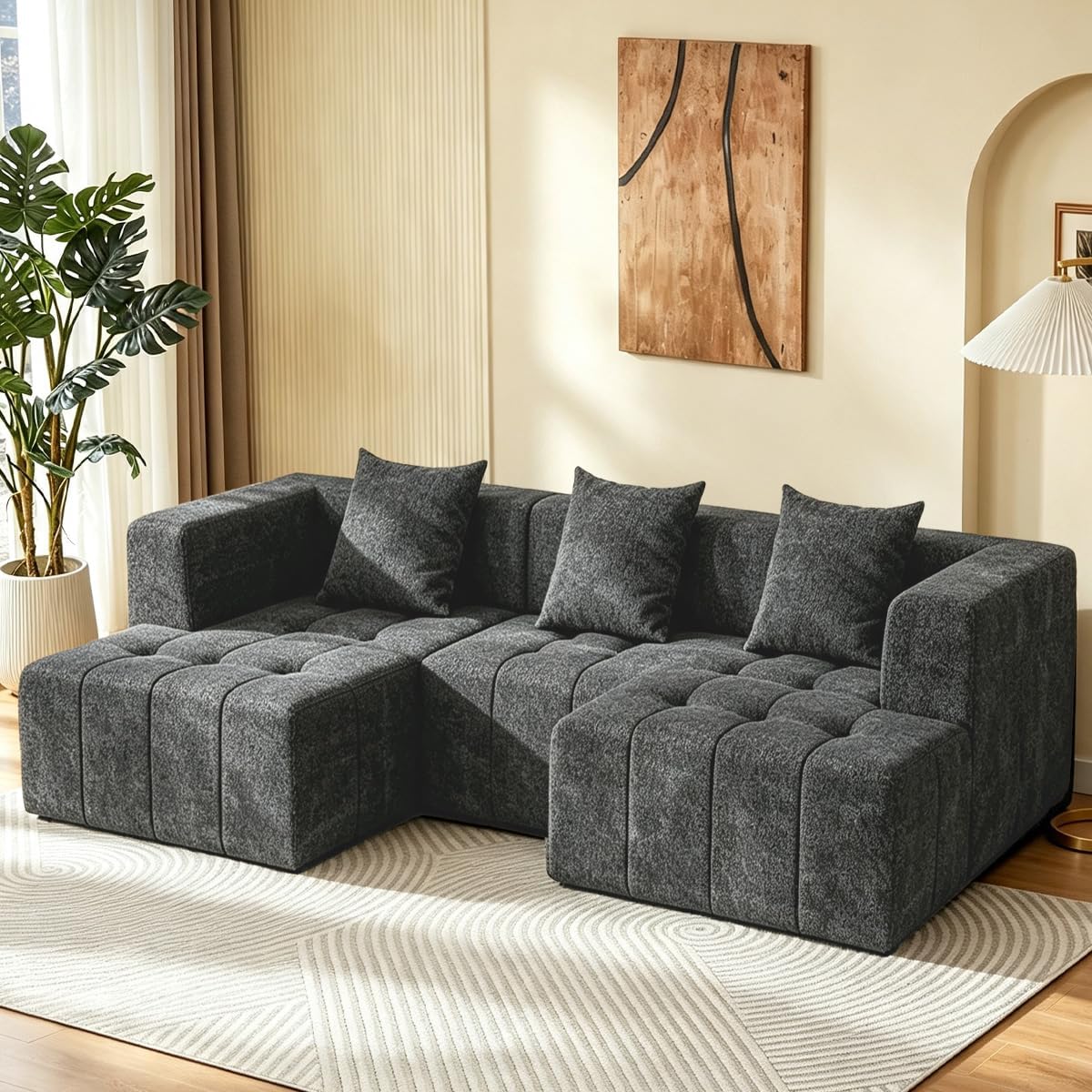 Modular Sectional Sofa with Deep Seat, Cloud Couch with 2 Movable Ottoman, No Assembly Required, Modern Plush Corduroy Cloud Couches for Living Room & Apartment, Grey