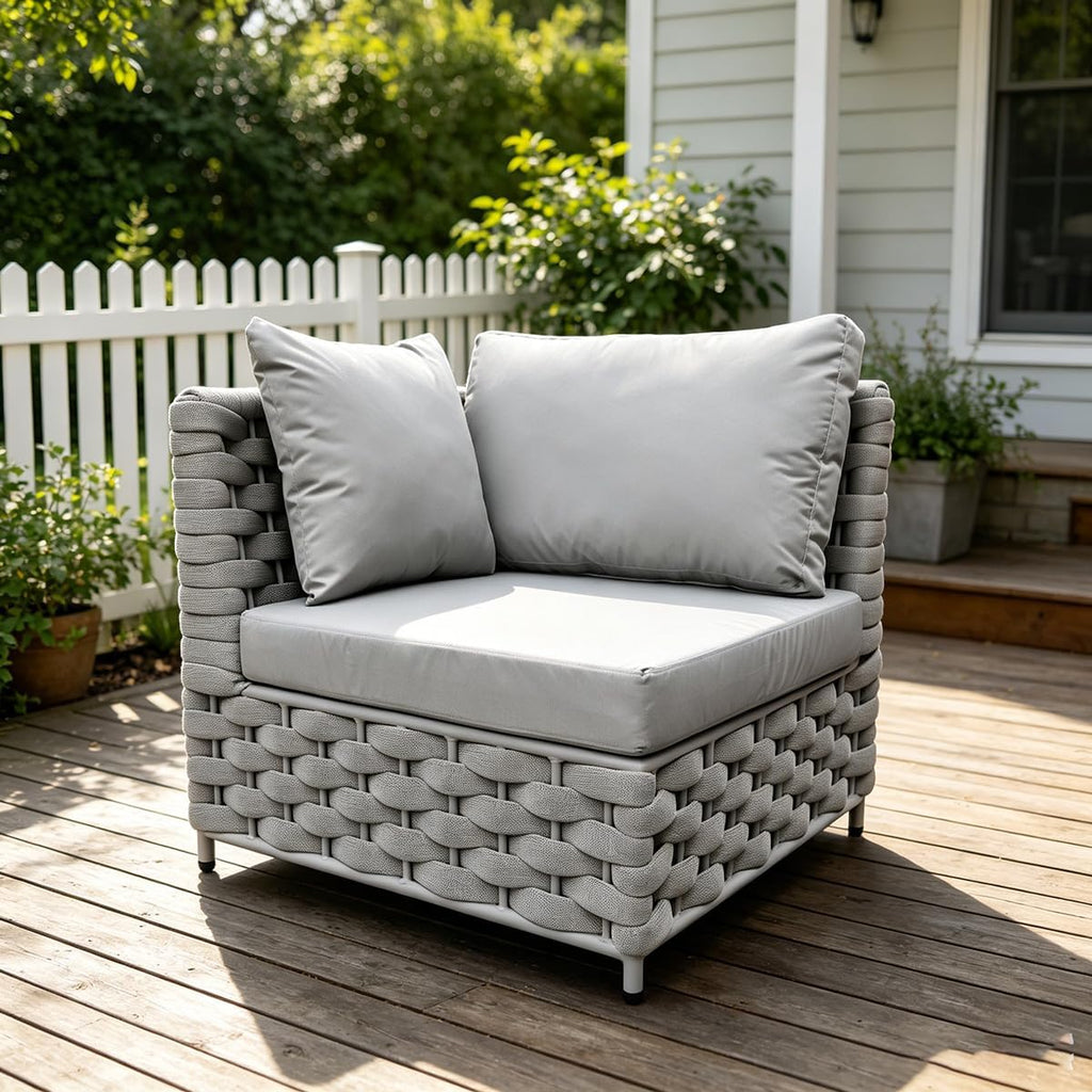 TWT Khaki Gray Left Arm Outdoor Patio Sofa, Modular Woven Rope Sectional Chair with Water-Resistant Cushion & Rust-Proof Frame, for Backyard Balcony Deck