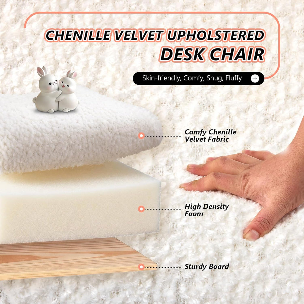 VINGLI Chenille Curved-Back Armless No Wheels Vanity Chair for Girls, Cute & Furry Upholstered Desk Chair with Solid Wood Legs for Study/Makeup/Bedroom/Dressing, Fluffy Makeup Chair for Teens, White