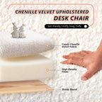 VINGLI Chenille Curved-Back Armless No Wheels Vanity Chair for Girls, Cute & Furry Upholstered Desk Chair with Solid Wood Legs for Study/Makeup/Bedroom/Dressing, Fluffy Makeup Chair for Teens, White