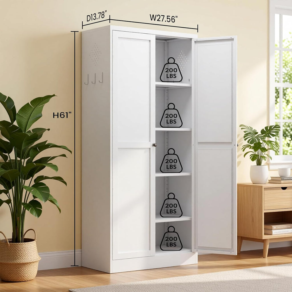 Metal Pantry Cabinet, 61" Kitchen Pantry Cabinet with 2 Doors and 4 Adjustable Shelves, White Steel Storage Cupboard for Dining, Office, Living Room, Bathroom