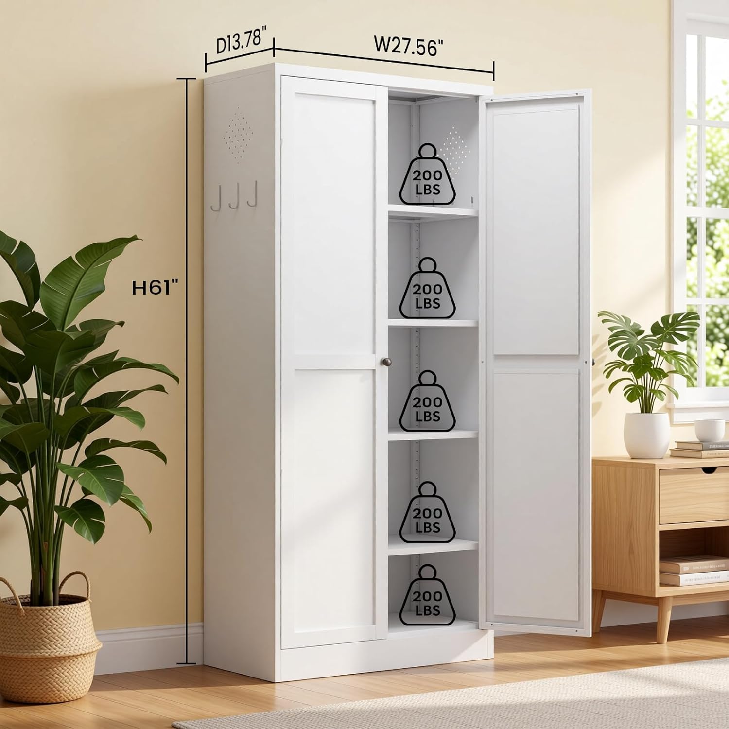 Metal Pantry Cabinet, 61" Kitchen Pantry Cabinet with 2 Doors and 4 Adjustable Shelves, White Steel Storage Cupboard for Dining, Office, Living Room, Bathroom