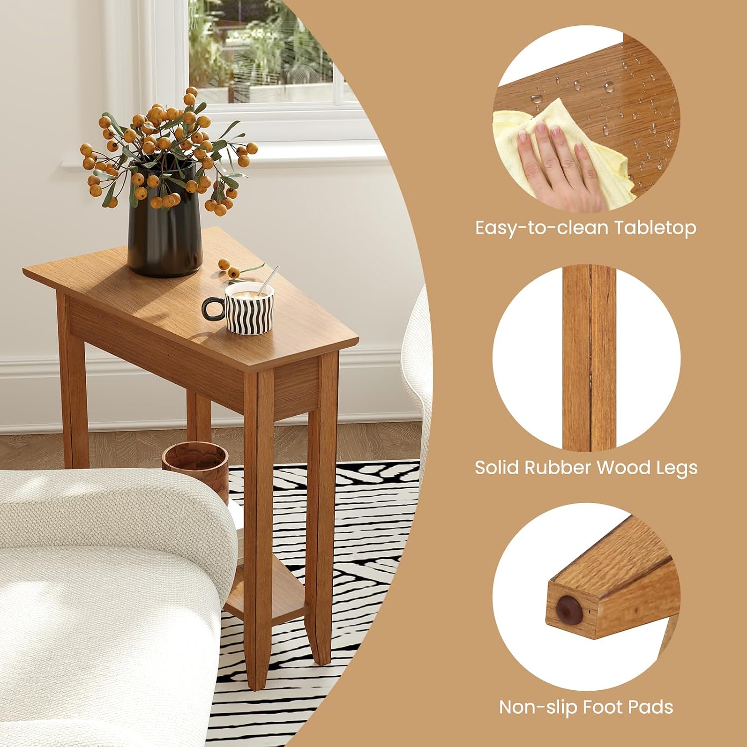 GOFLAME 2-Tier Wedge End Table Set of 2, Narrow Triangle Side Table with Storage Shelf, Solid Wood Legs, Nightstand, Recliner Wedge Table for Living Room, Bedroom, Small Space, Rustic Walnut