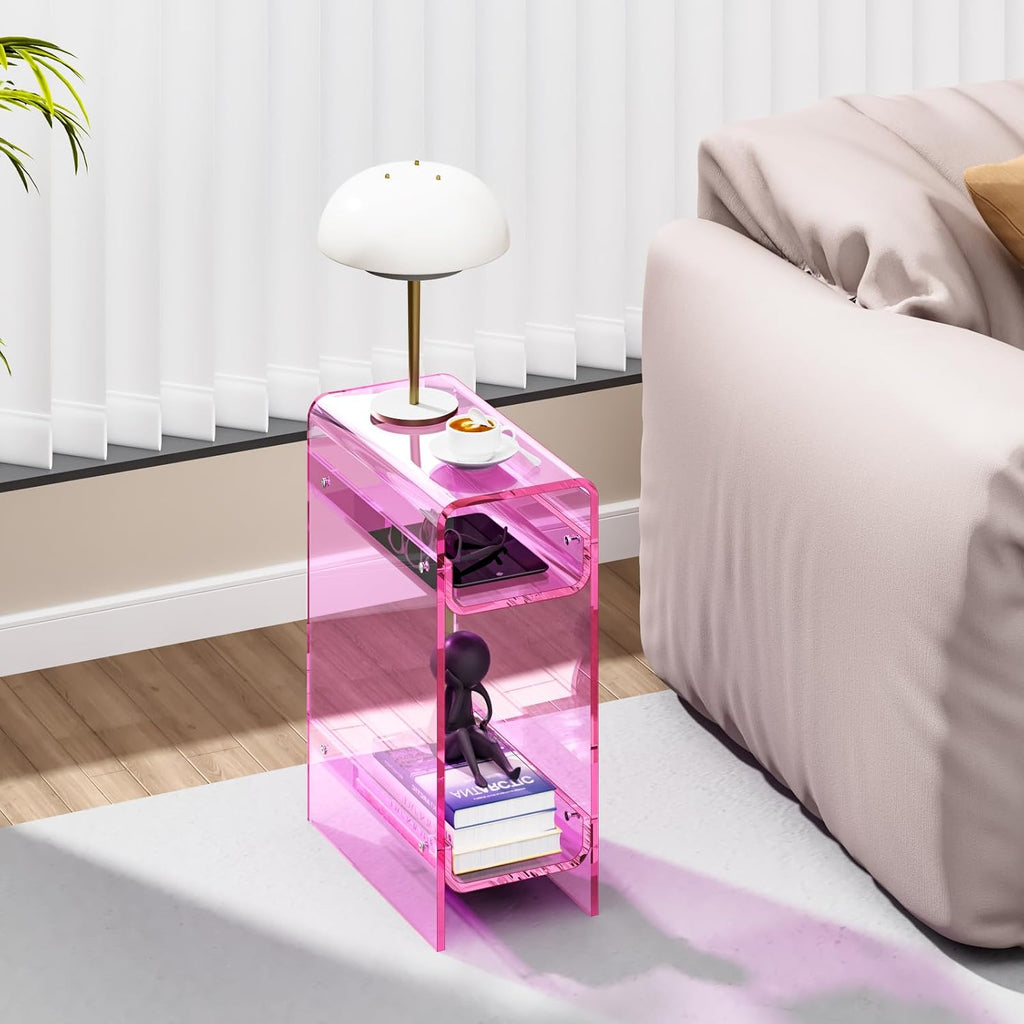 Clear Acrylic Side Table, Narrow Nightstand Bedside Table for Bedroom, Skinny Small End Table (Pink, 8.7'' x 15.7'' x 21.7")