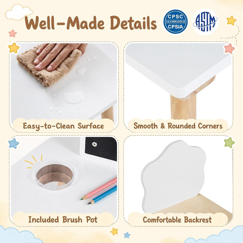 Costzon Weaning Table and Chair Set with Chalkboard | Wooden Kids Table and Chair Set with Brush Pot for Drawing, Learning and Mealtime, Multi Activity Desk for Toddlers