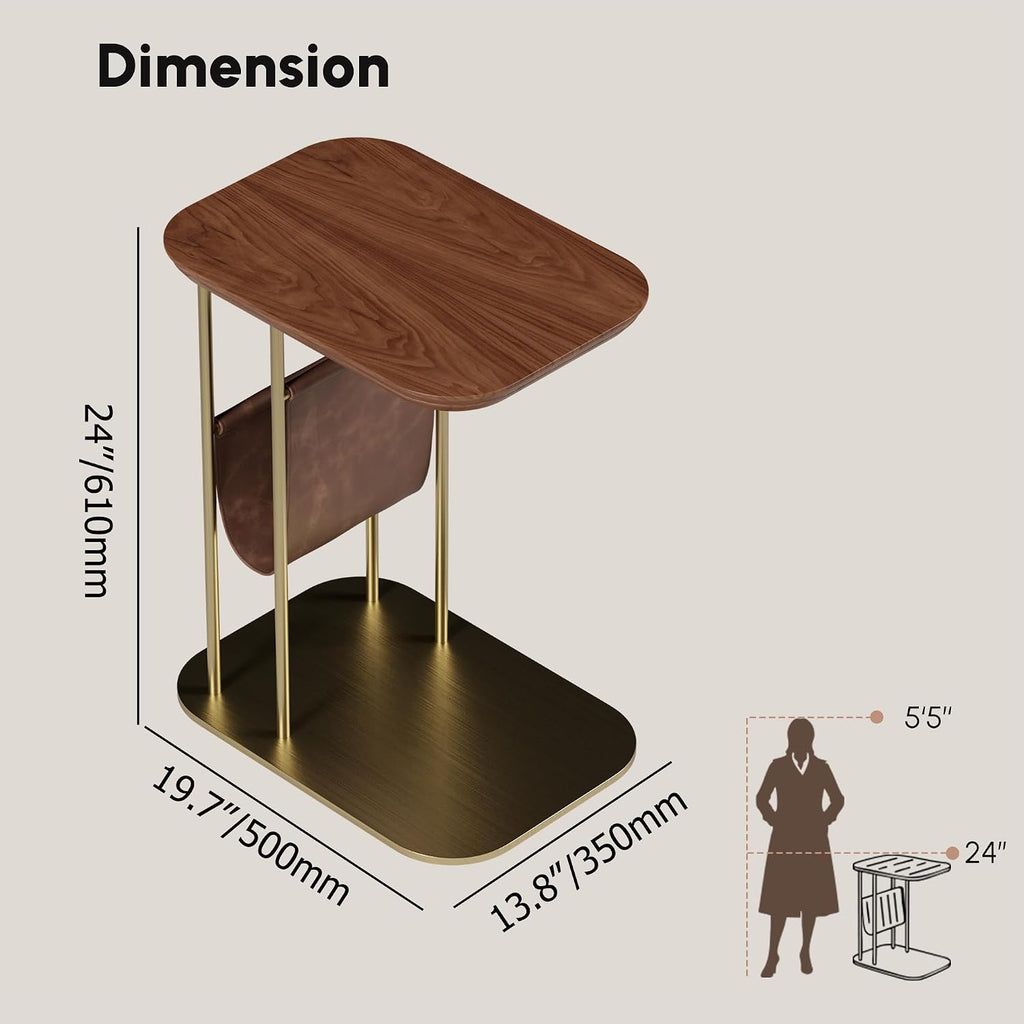 LOVEDIMA C-Shaped Walnut & Gold Rotating Side Table with Storage - 360° Swivel Top,Built-in Magazine Rack,Modern End Table for Sofa/Bedside
