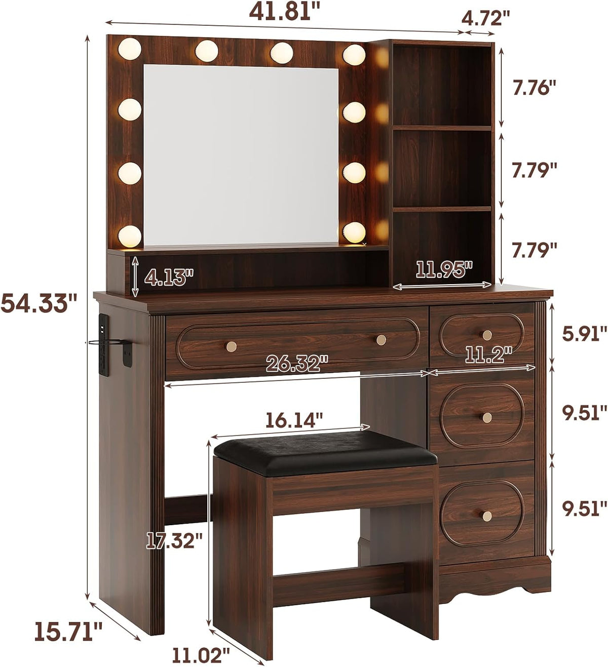 42" Walnut Brown Makeup Vanity Desk with Mirror & Lights & Charging Station | Dark Wood Dressing Table Make Up Desk, Power Outlets & USB Ports, Open Storage, 4 Drawers, Blow Dryer Holder, Vanity Bench