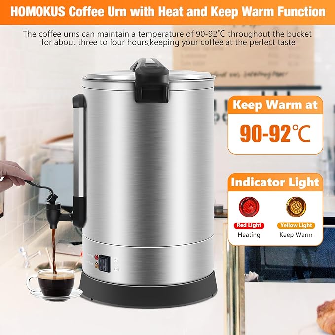 HOMOKUS Commercial Coffee Urn,14.2L Large Coffee Maker,100 Cup Double Wall Stainless Steel Coffee Dispenser,1500W Quick Brew Electric Coffee Percolator with Upgraded Internal Stage for Gathering
