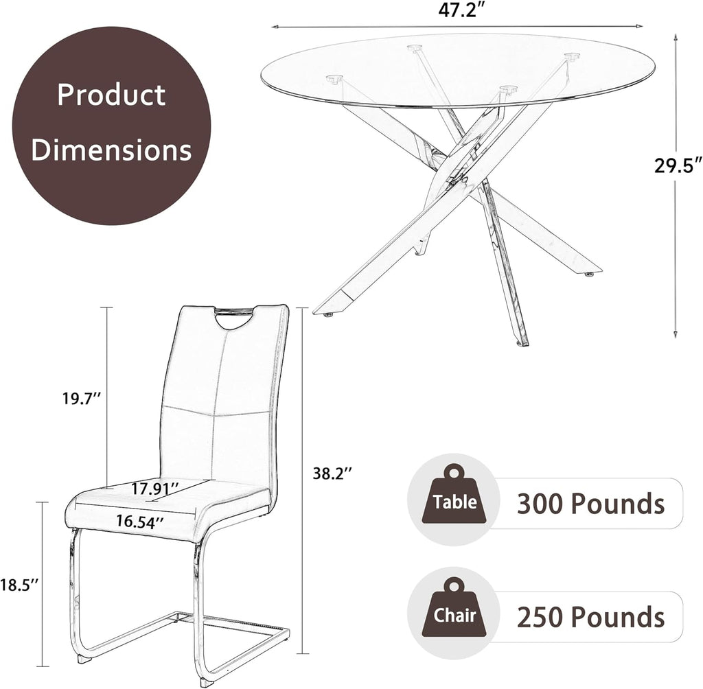 RGZ 5 Pieces Modern Round Kitchen Set, Clear Grey Circle Glass Dining Table with Dark Grey PU Faux Leather Chairs Set of 4, 47'' Large Luxury Circular Dinner Room Set, for Leisure Apartment (Black)