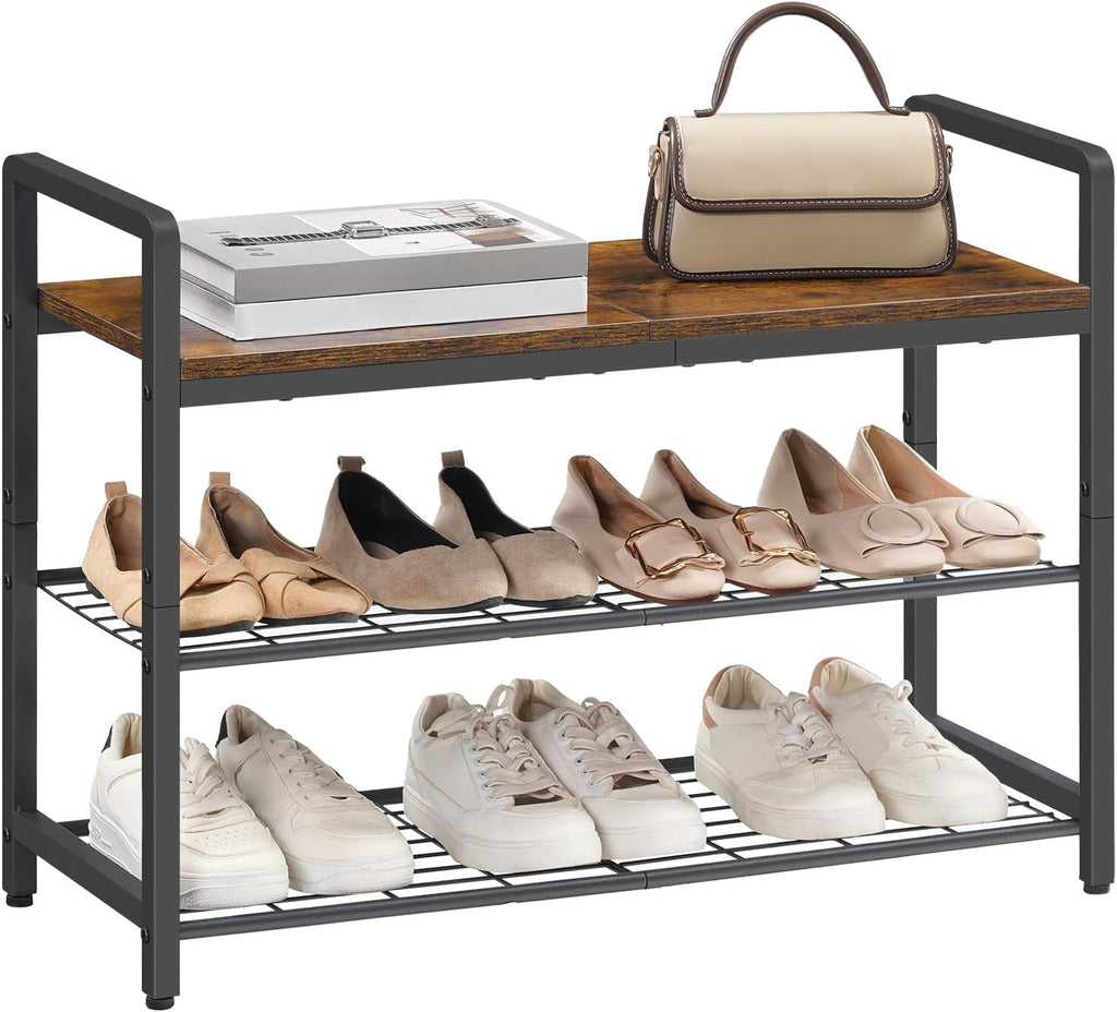 HOOBRO Shoe Rack Bench for Entryway, 3-Tier Industrial Shoe Storage Organizer with Wood Top and Side Handles, 29.5" Freestanding Storage Bench for Small Spaces, 220 lb Capacity, Rustic Brown BF32HX01