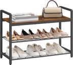 HOOBRO Shoe Rack Bench for Entryway, 3-Tier Industrial Shoe Storage Organizer with Wood Top and Side Handles, 29.5" Freestanding Storage Bench for Small Spaces, 220 lb Capacity, Rustic Brown BF32HX01