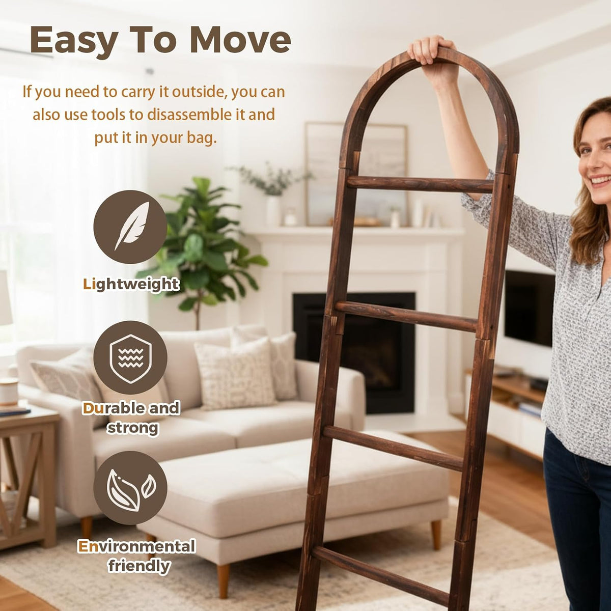 Sintuff Arched Blanket Ladder for Living Room, 5.5ft Wooden Blanket Rack, 5-Tier Natural Leaning Ladder Shelf for Farmhouse Bedroom Living Room Bathroom Decor(Arch,Brown)