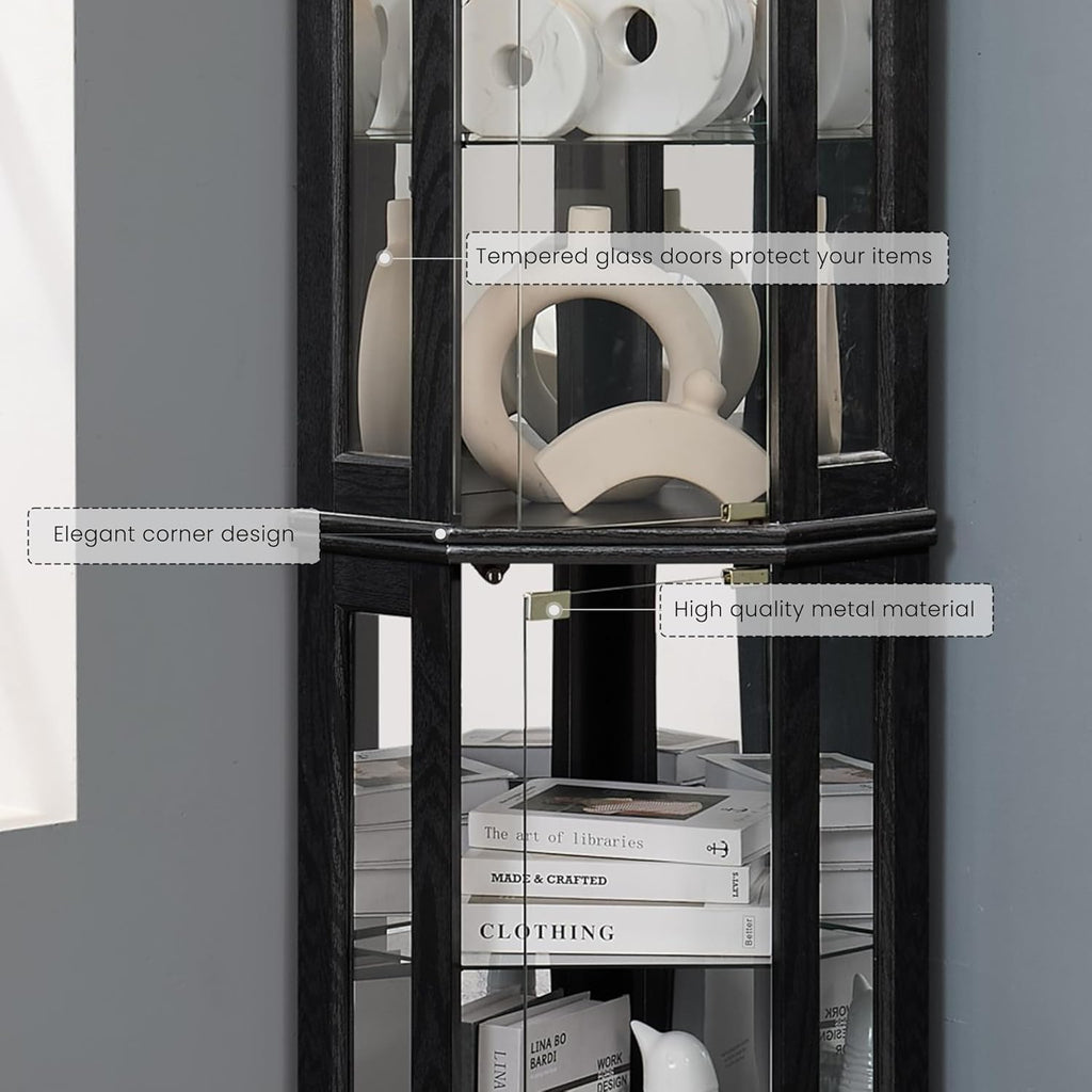 Corner Curio Cabinet, 70" H Lighted Glass Display Cage with Tempered Glass Doors and Adjustable Shelves, Bulb Inclued, Wine Bar China Cabinet for Living Room Liquor Storage (Black)