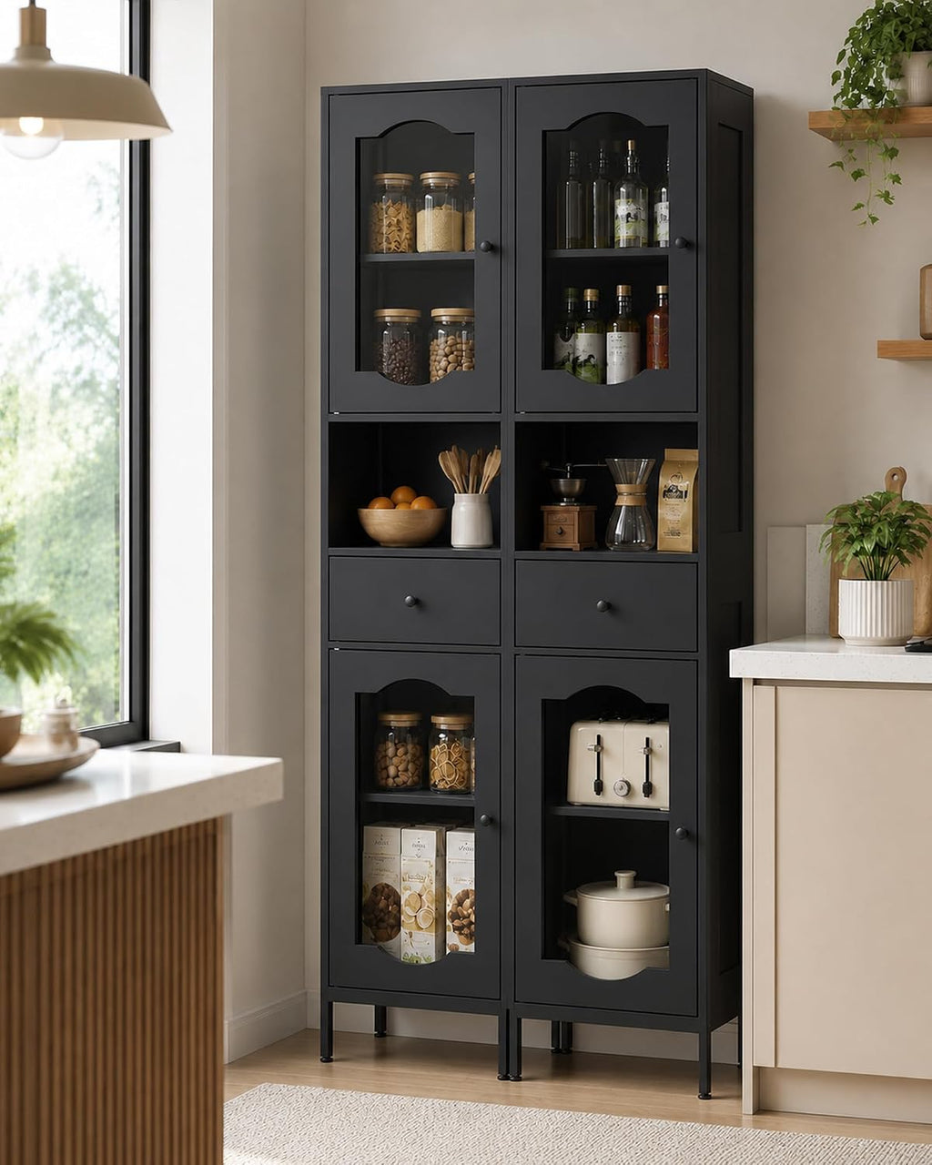 fineway 68"H x 16"W Tall Bathroom Storage Cabinet with Door & Drawer, Black | Clear-View Doors, 6-in-1 Large Capacity Storage, Easy Assembly & 4-Year Warranty, FSC-Certified Wood, Anti-Tip Safety