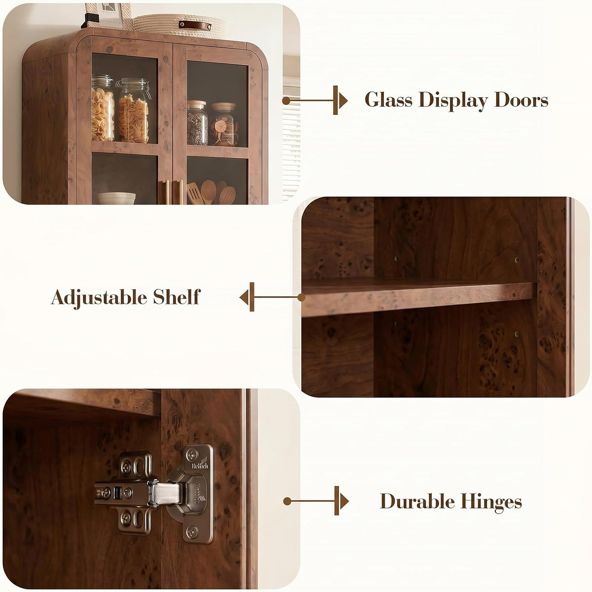 77" Tall Kitchen Pantry Cabinet,Thickened Panel,Dark Burl,1Pcs | Wooden Curved Storage Cabinets with Adjustable Shelf, Cupboard with Glass Door for Dining Room, Living Room, Bathroom