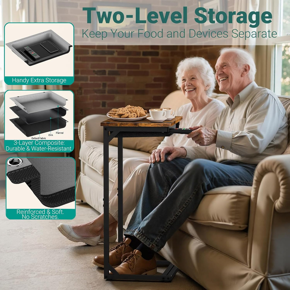 YEASHEIN C Shaped End Table Set of 2 with Cubby, Reinforced Base Small Couch Tables That Slide Under, 27”H C Table for Sofa, TV Tray Table for Eating, Couch Side Table for Small Spaces, Living Room