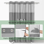 Long No Hook Shower Curtain with Snap-in Fabric Liner Set,Grey Waffle Weave Shower Curtains for Bathroom,Hotel Luxury Decor Bathroom Curtain Set,Waterproof & Washable,71Wx80H
