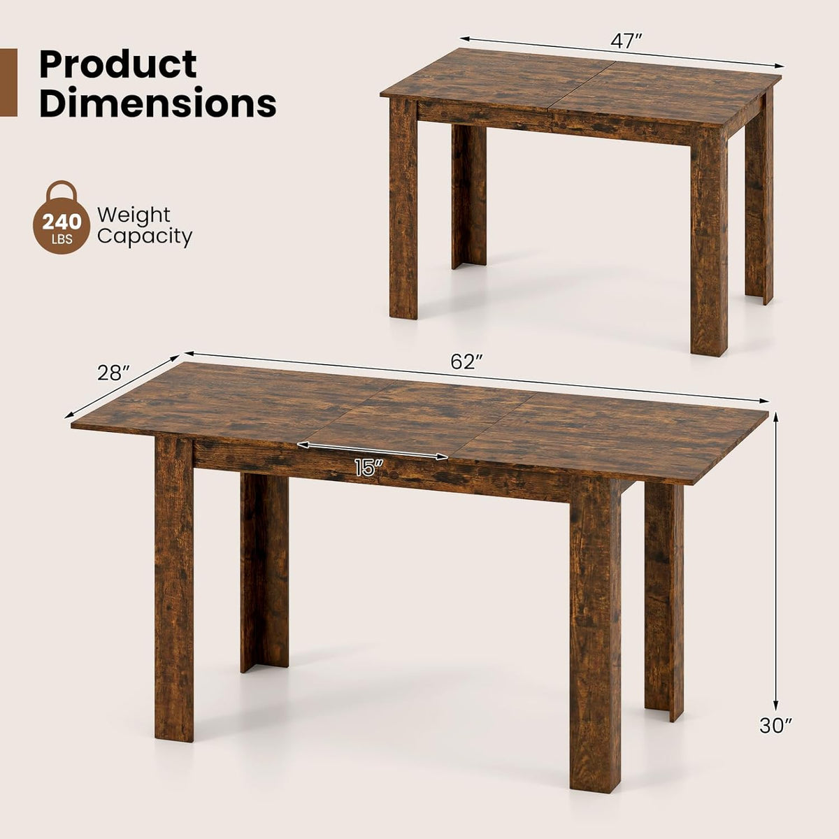 Giantex Extendable Dining Table for 4/6/8, 47"-62" Farmhouse Kitchen Table, Space-Saving Transformer Table for Dinette, Home Office, Living Room, Small Space (Rustic Brown)