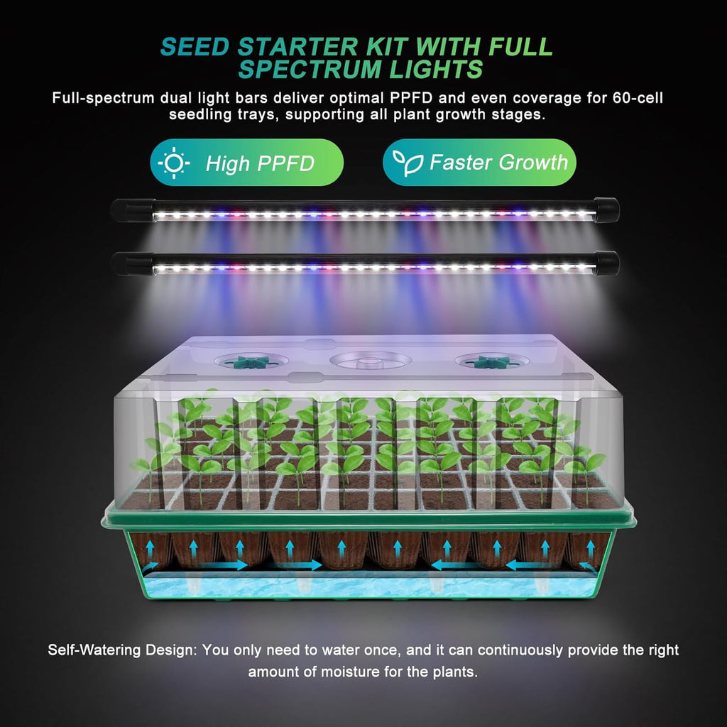GOOINMILL Self-Watering Seed Starter Tray with Timed Grow Light, 80 Cells Plant Starter Tray Seedling Starter Kit with Humidity Domes Base Indoor Mini Greenhouse Plant Germination Trays